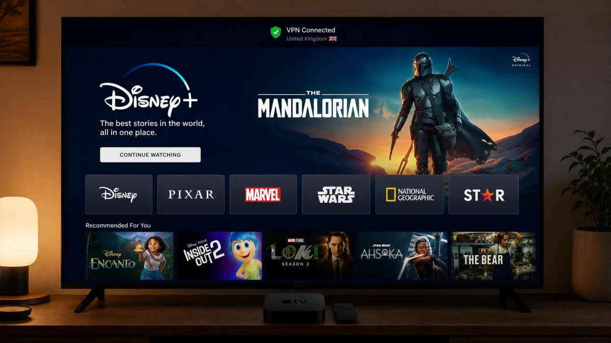 The Disney+ home screen open on an Apple TV showing regional titles, with a VPN connection indicator visible at the top of the television screen.