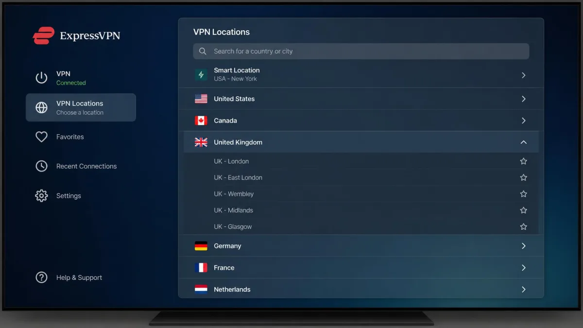 ExpressVPN's tvOS app displaying its country picker with a search field and a list of locations, one country expanded to show individual city servers, on a large television screen.