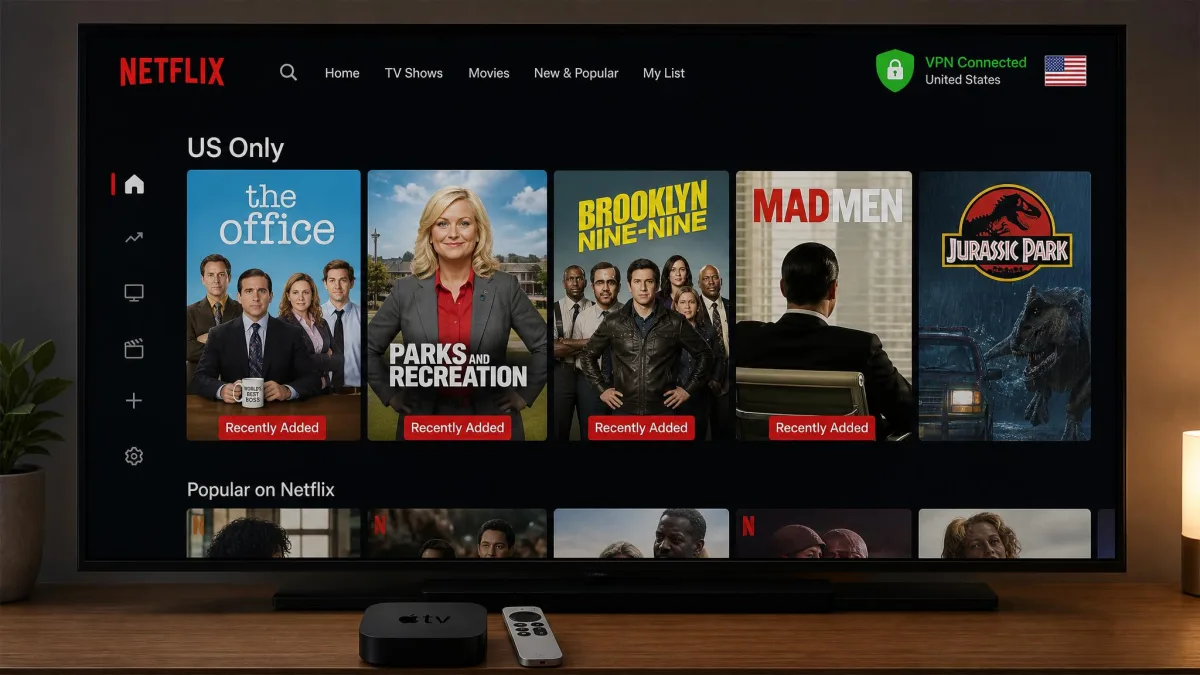 The Netflix app open on an Apple TV showing a US-only category row of titles, with a VPN status icon visible in the top corner of the television screen.