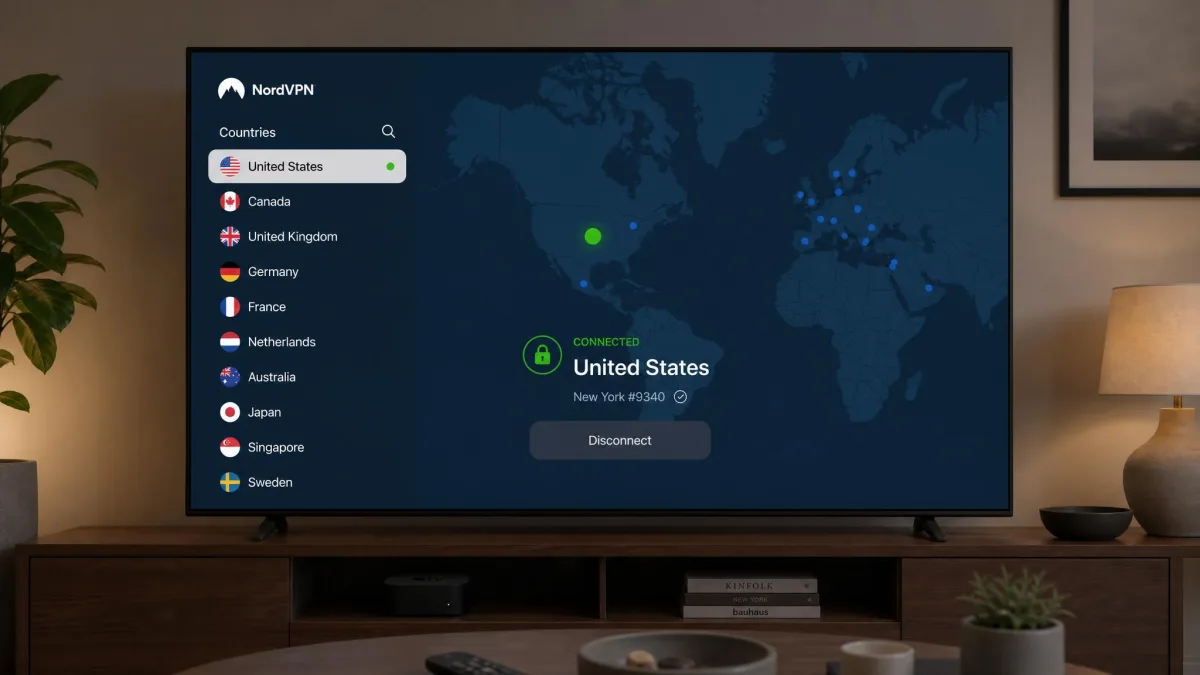 NordVPN's tvOS app on an Apple TV showing the country server list on the left and a connected United States server with a green status indicator, viewed on a living-room television.
