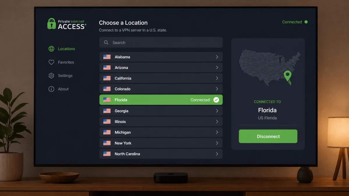 Private Internet Access tvOS app showing a list of US state-level server locations with a search field, one state selected and connected, on a living-room television.
