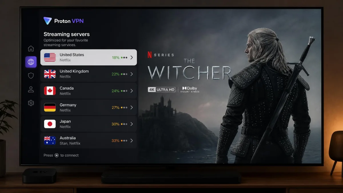 Proton VPN's Apple TV app showing a list of streaming-optimized servers with country flags and load indicators, with a 4K Netflix title playing in the background on the television.