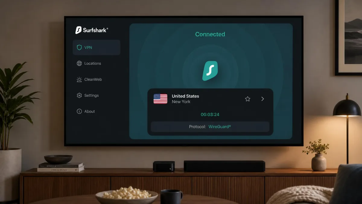 Surfshark's Apple TV app showing a connected status with a US server selected and a WireGuard protocol label, displayed on a wall-mounted television in a living room.