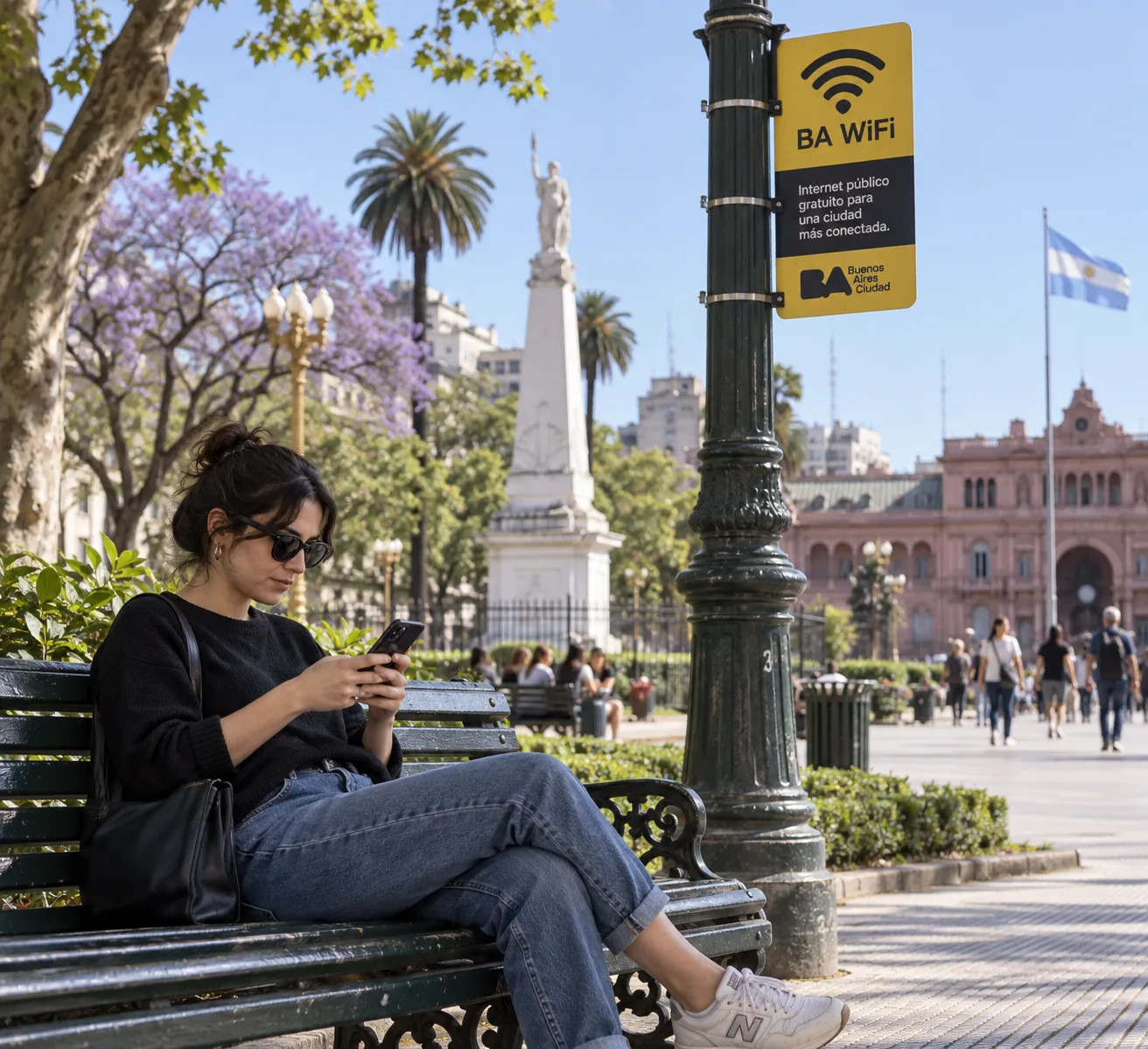 A person using a smartphone on a bench in a Buenos Aires plaza, with a BA WiFi hotspot sign mounted on a lamppost in the background.