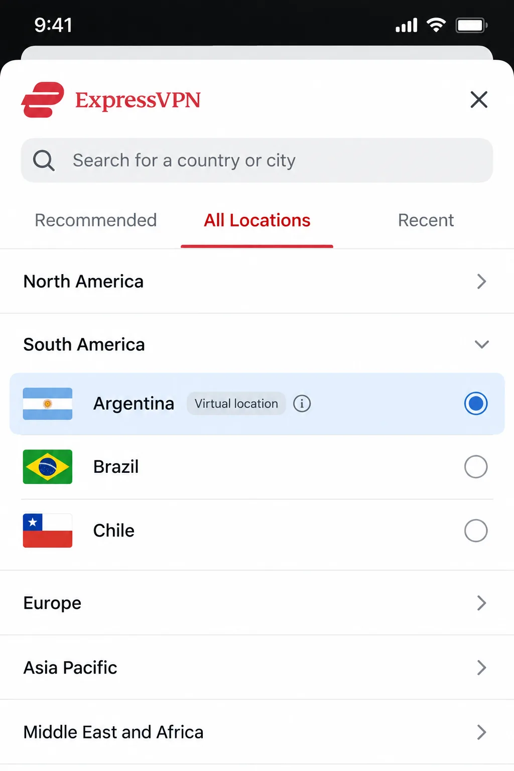 ExpressVPN's location picker on iPhone with Argentina selected under South America, labelled as a virtual location next to the physical Brazil and Chile entries.