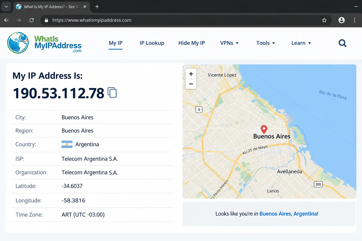 A browser IP lookup page showing a Buenos Aires, Argentina location and an Argentine ISP name after connecting to a VPN server.