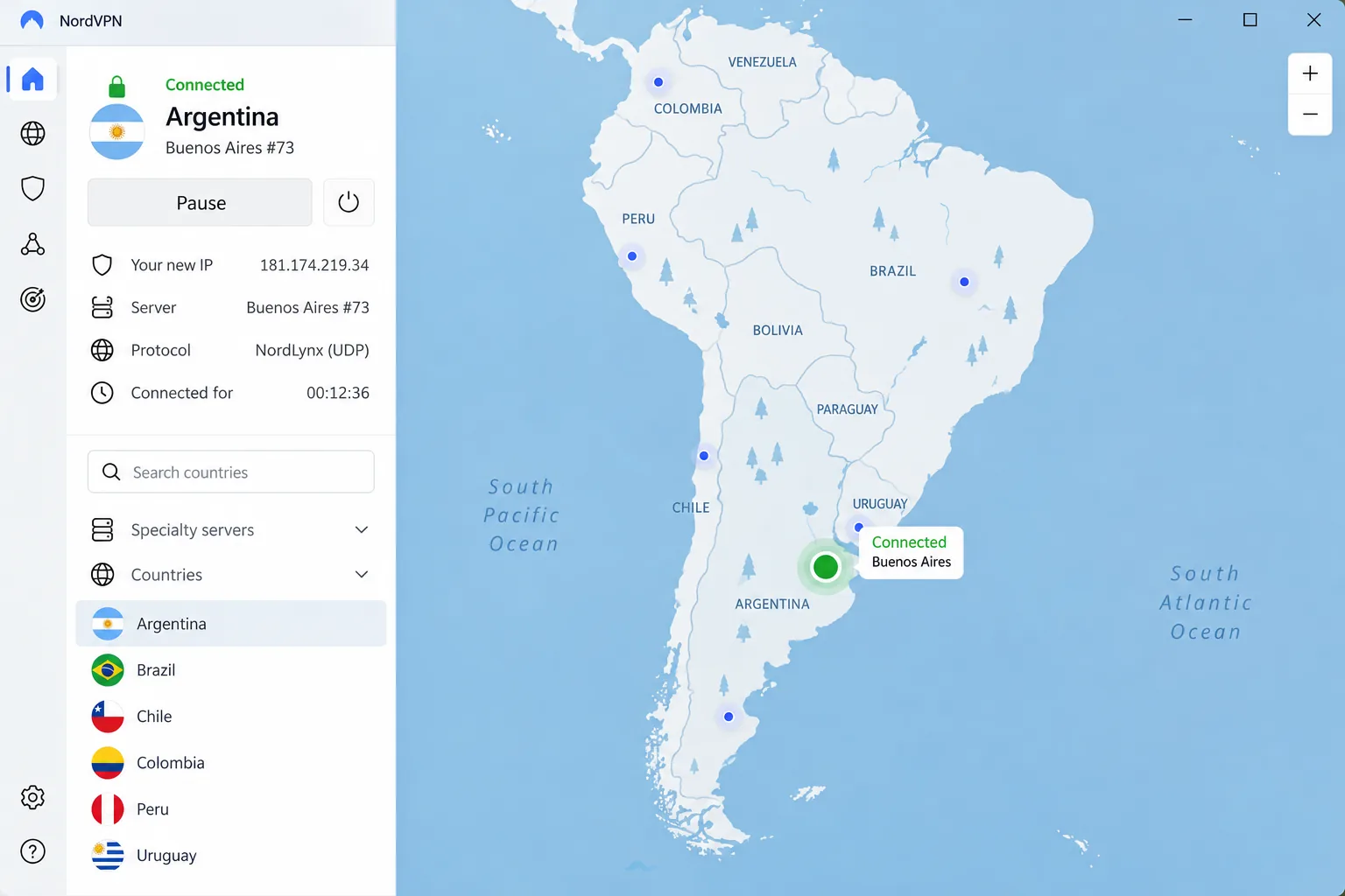 NordVPN's Windows app connected to a Buenos Aires, Argentina server, with the map zoomed on South America and the green Connected status at the top of the window.