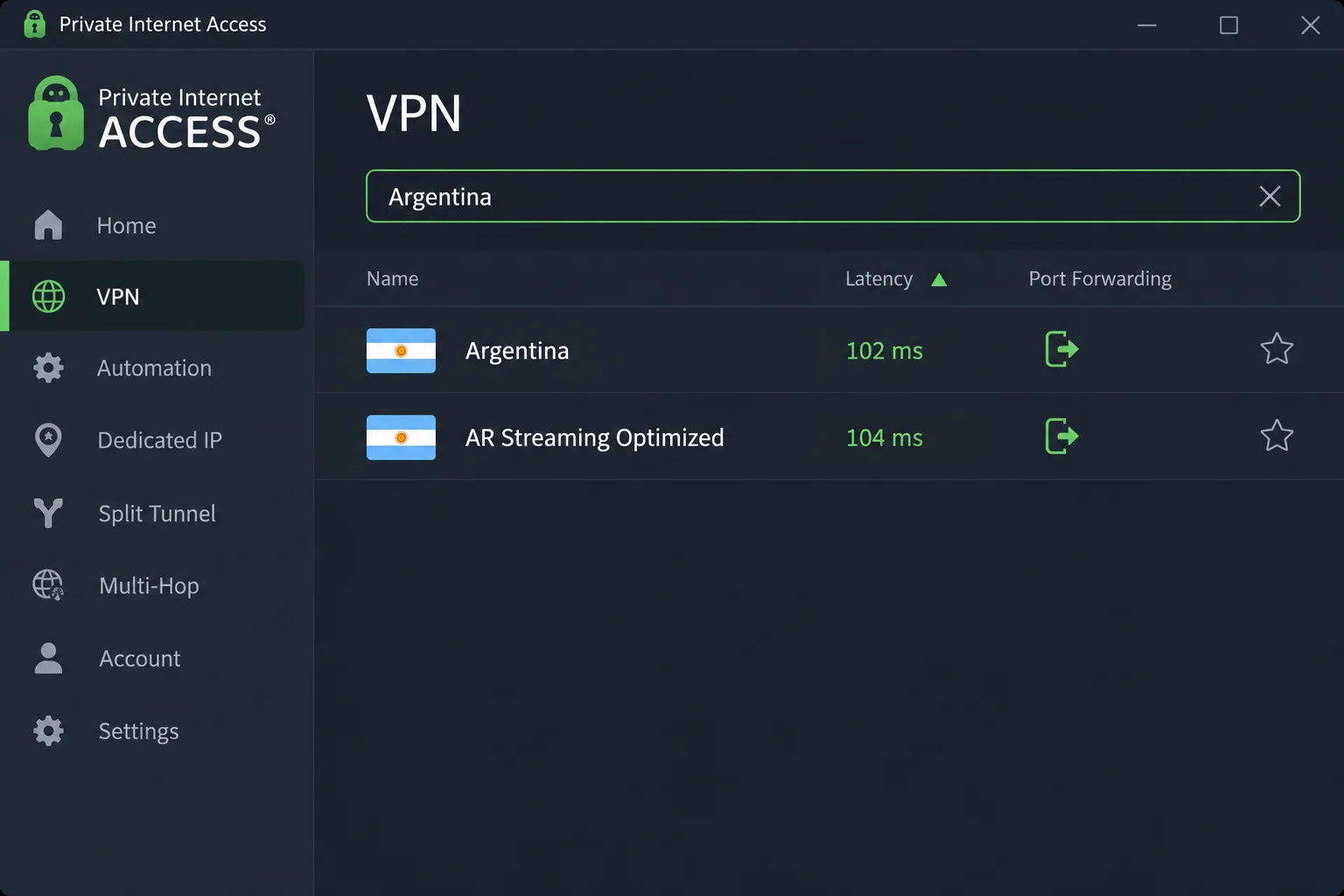 Private Internet Access region list on Windows filtered to Argentina, showing the Argentina and AR Streaming Optimized regions with their latency figures and port forwarding icons.