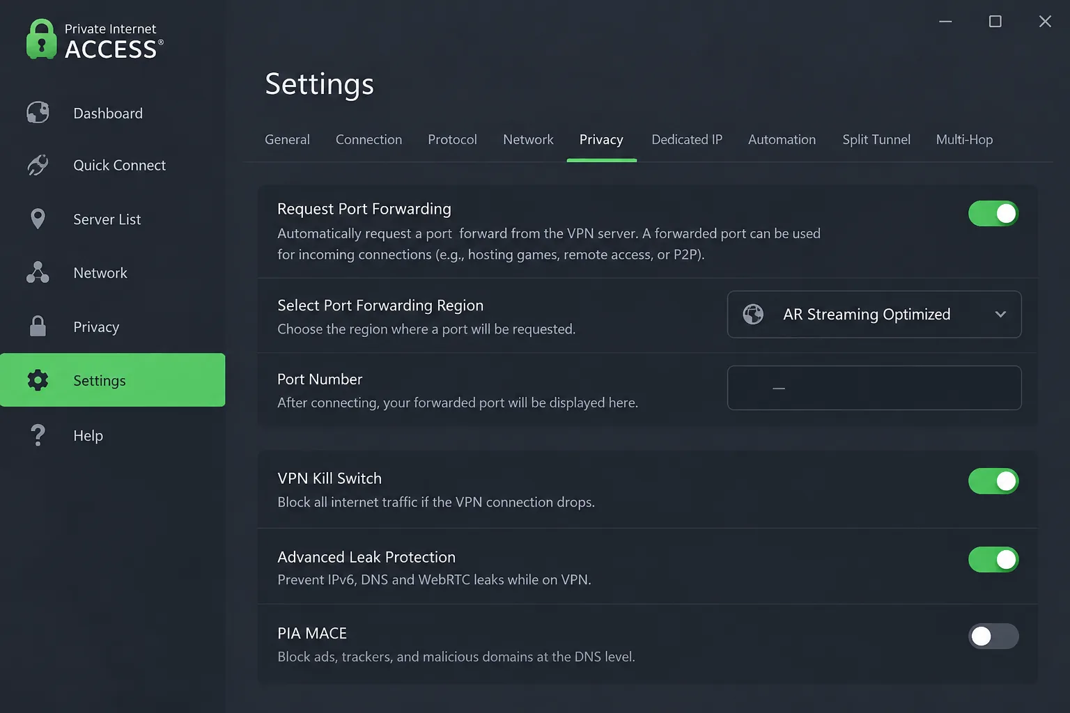 Private Internet Access settings on a Windows laptop with the Request Port Forwarding toggle switched on and the AR Streaming Optimized region selected.
