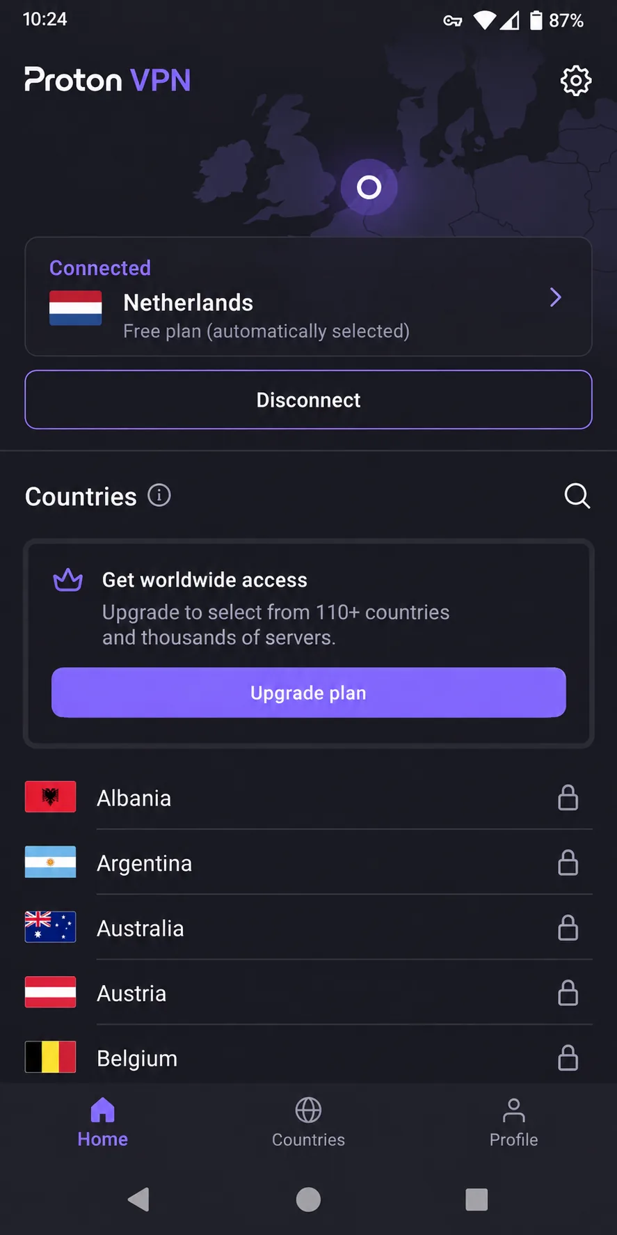 Proton VPN's free plan on Android showing an automatically assigned server in the Netherlands, with the country list locked behind an upgrade prompt.