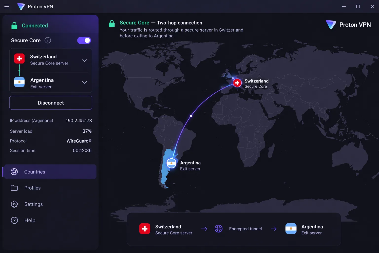 Proton VPN's desktop app showing a Secure Core connection routed from Switzerland to Argentina, with the two-hop path drawn across the world map.