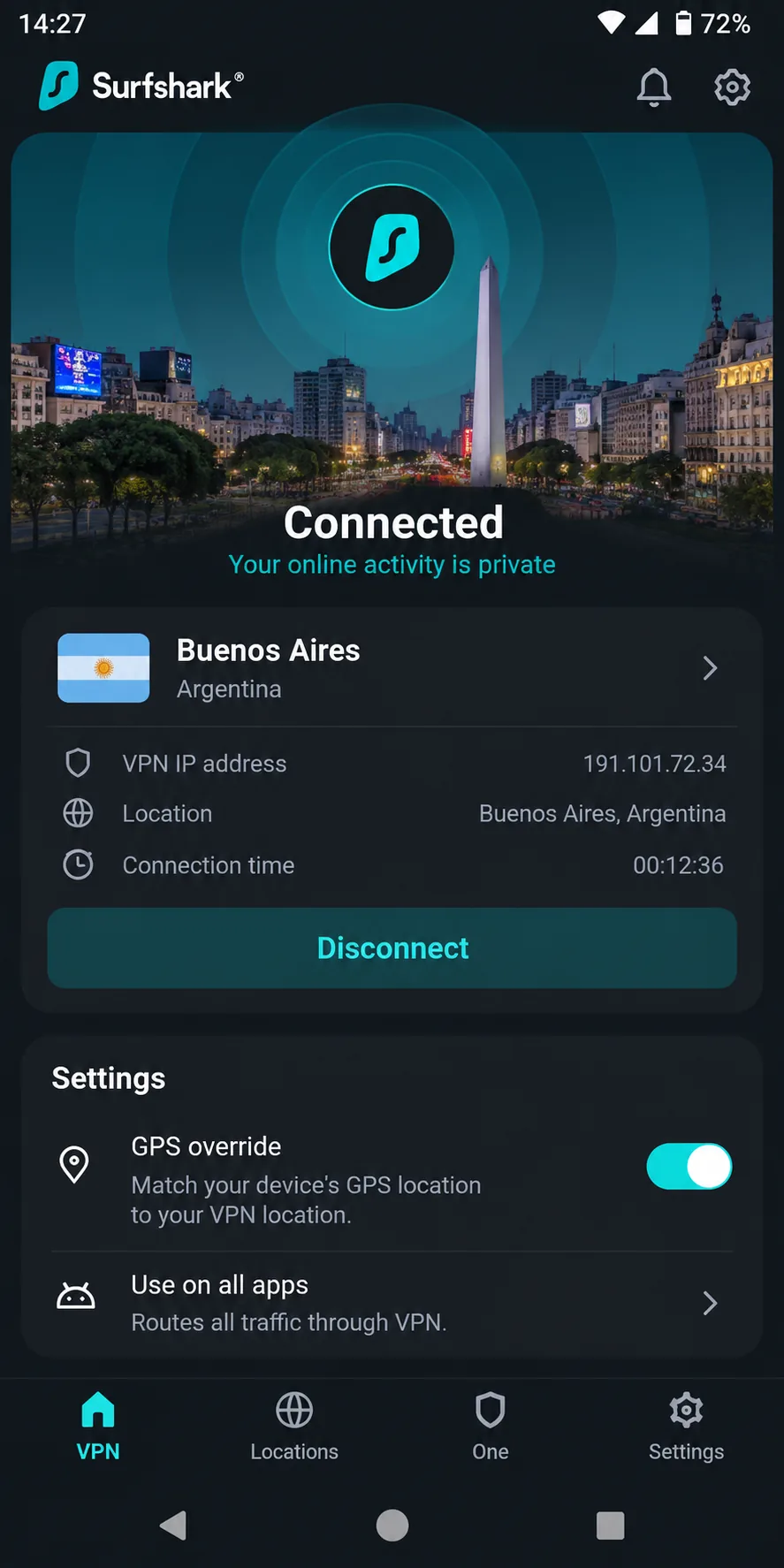 Surfshark's Android app connected to Buenos Aires with the GPS override toggle switched on in the settings panel below the connection status.