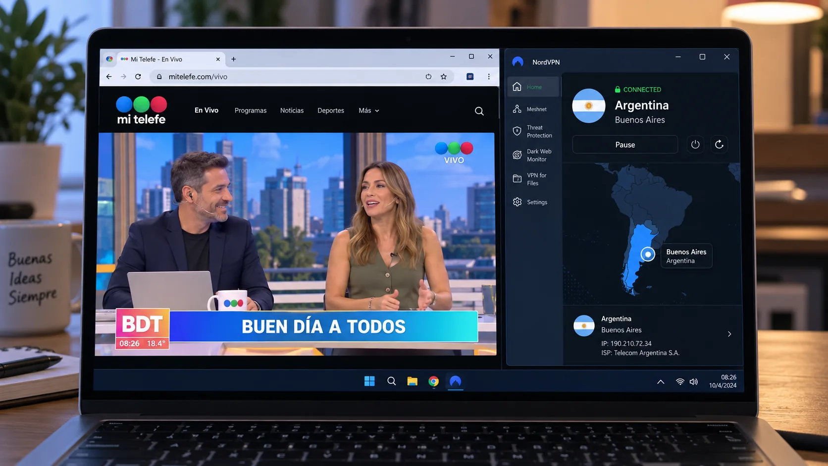 The Mi Telefe live stream playing in a laptop browser, with the NordVPN desktop app open beside it showing a connection to Buenos Aires, Argentina.
