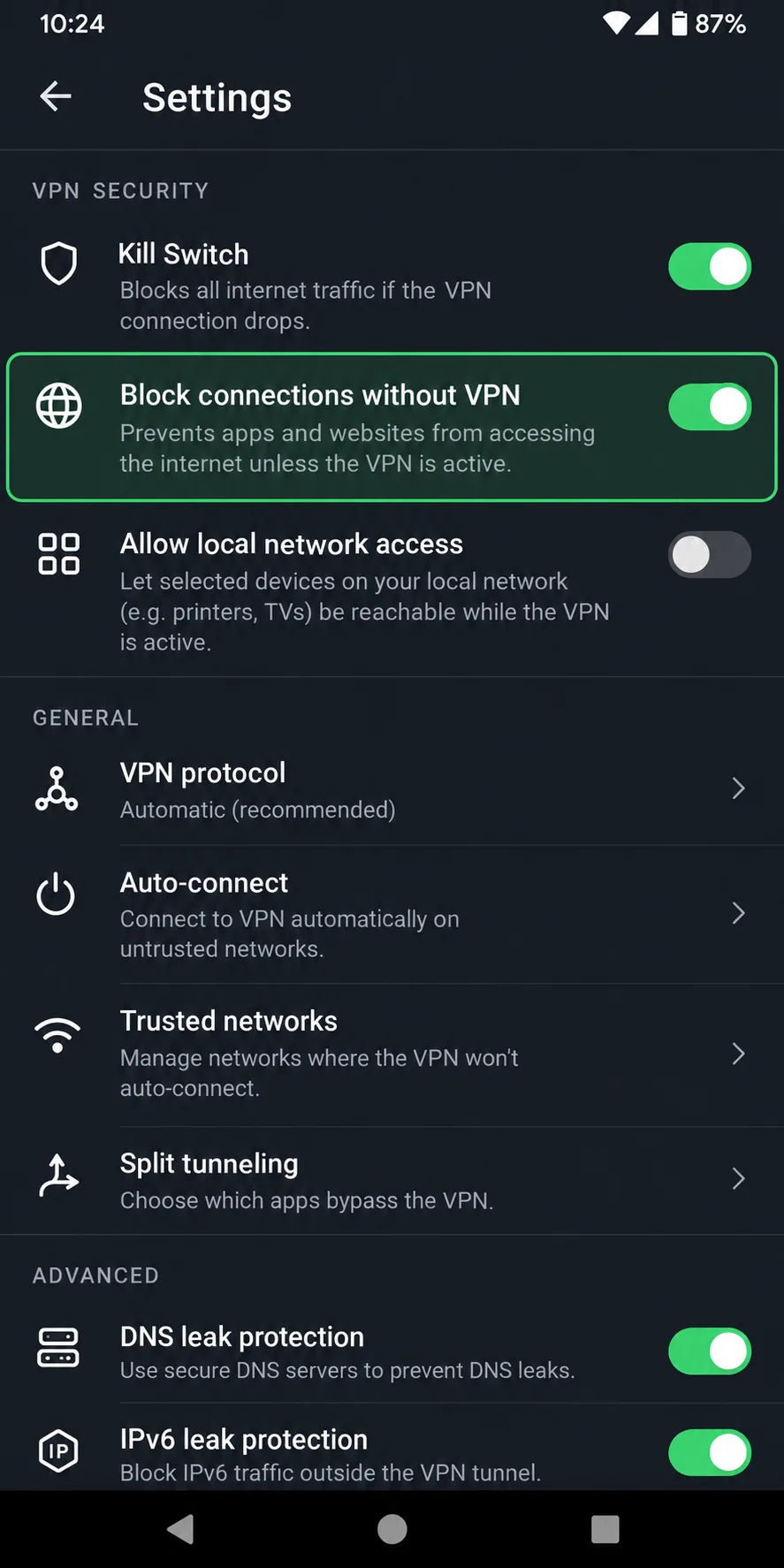 A VPN app's settings screen on an Android phone with the kill switch toggle switched on and the "Block connections without VPN" option highlighted.