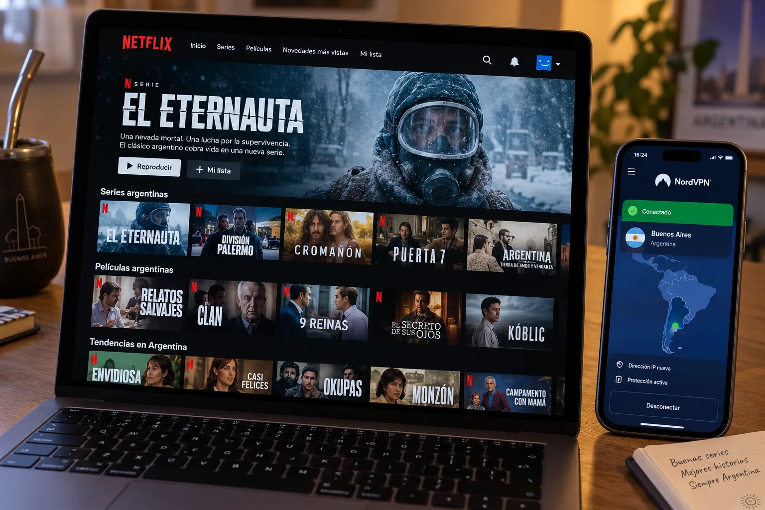 A laptop showing the Netflix home screen with Argentine titles and Spanish-language rows, next to a phone running NordVPN connected to Buenos Aires.