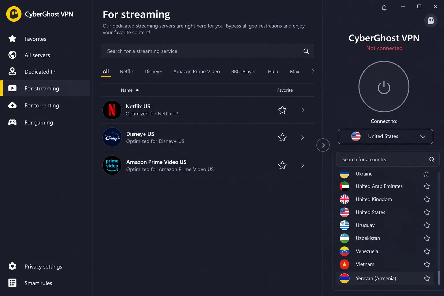 CyberGhost's Windows app on the "For streaming" tab, listing dedicated servers for Netflix US, Disney+ and Prime Video, with the Yerevan location visible in the country list.