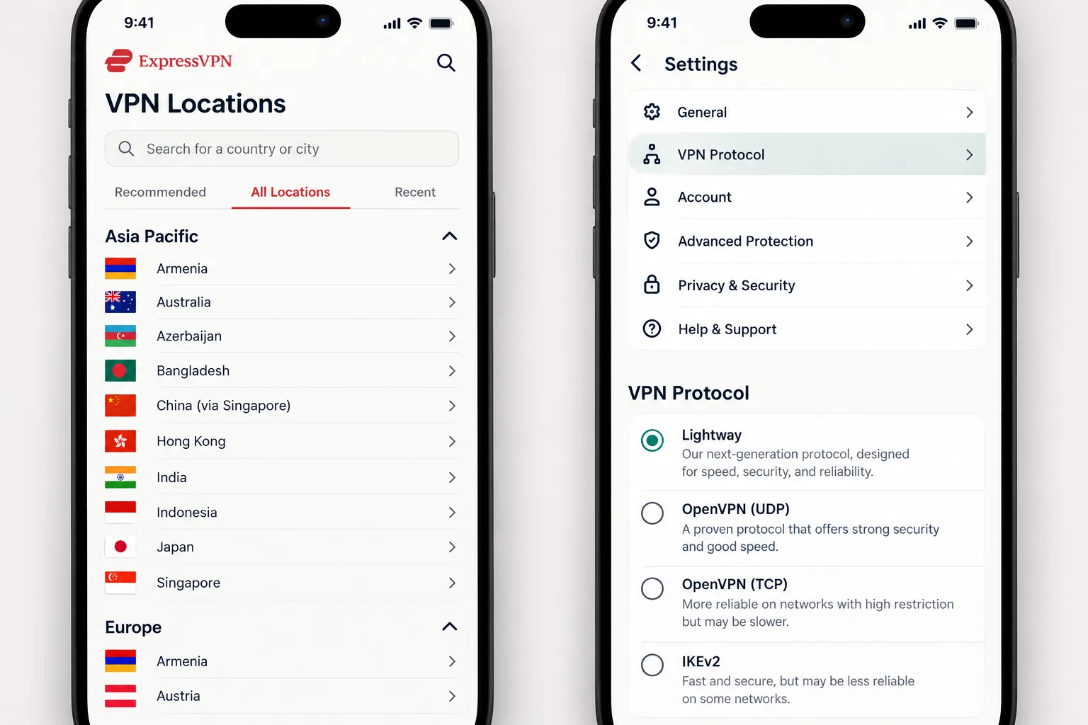 ExpressVPN's mobile app showing the location picker with Armenia and Azerbaijan listed under Asia Pacific and Europe, and the Lightway protocol selected in the settings panel.