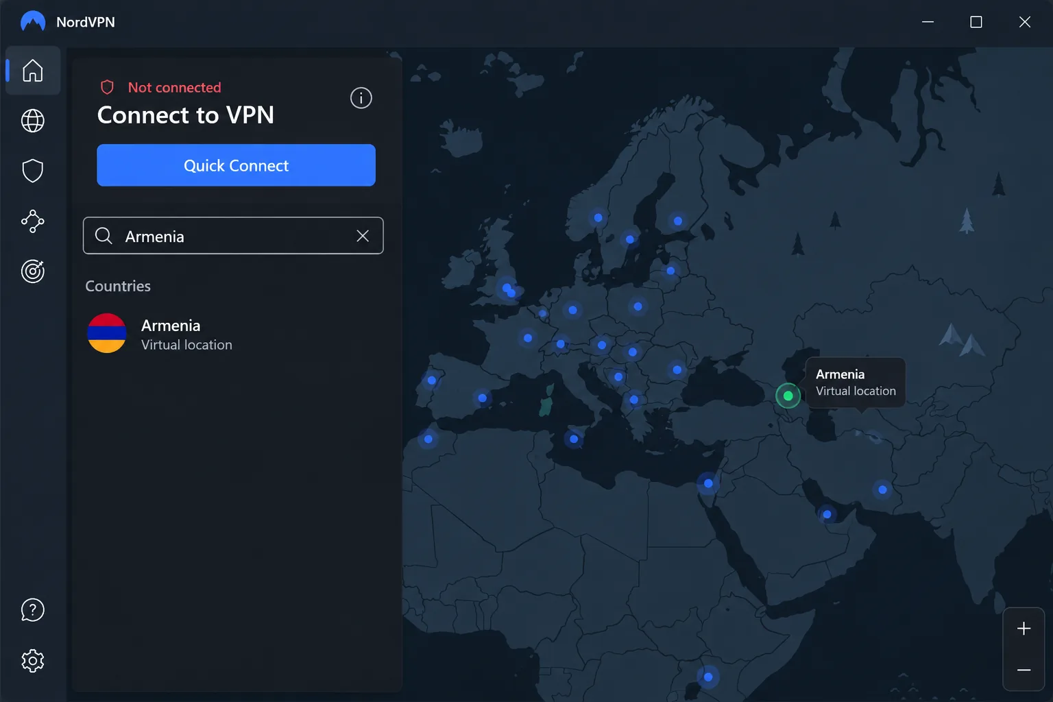 NordVPN's Windows app with the server list searched for Armenia, showing the virtual location label next to the country and the Quick Connect button above it.