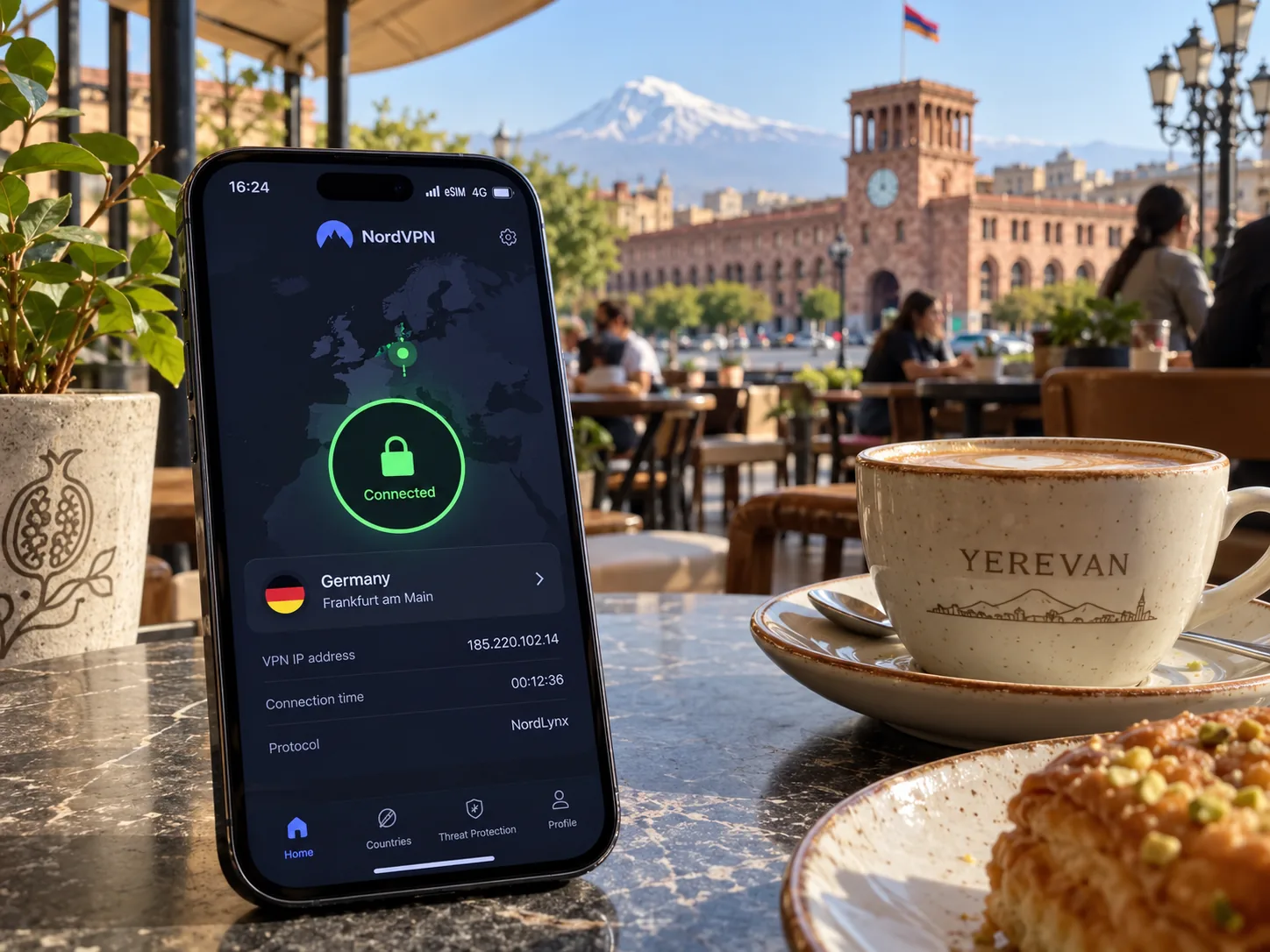 A smartphone on a café table in Yerevan showing an active eSIM data connection in the status bar and a VPN app connected to a server in Germany.