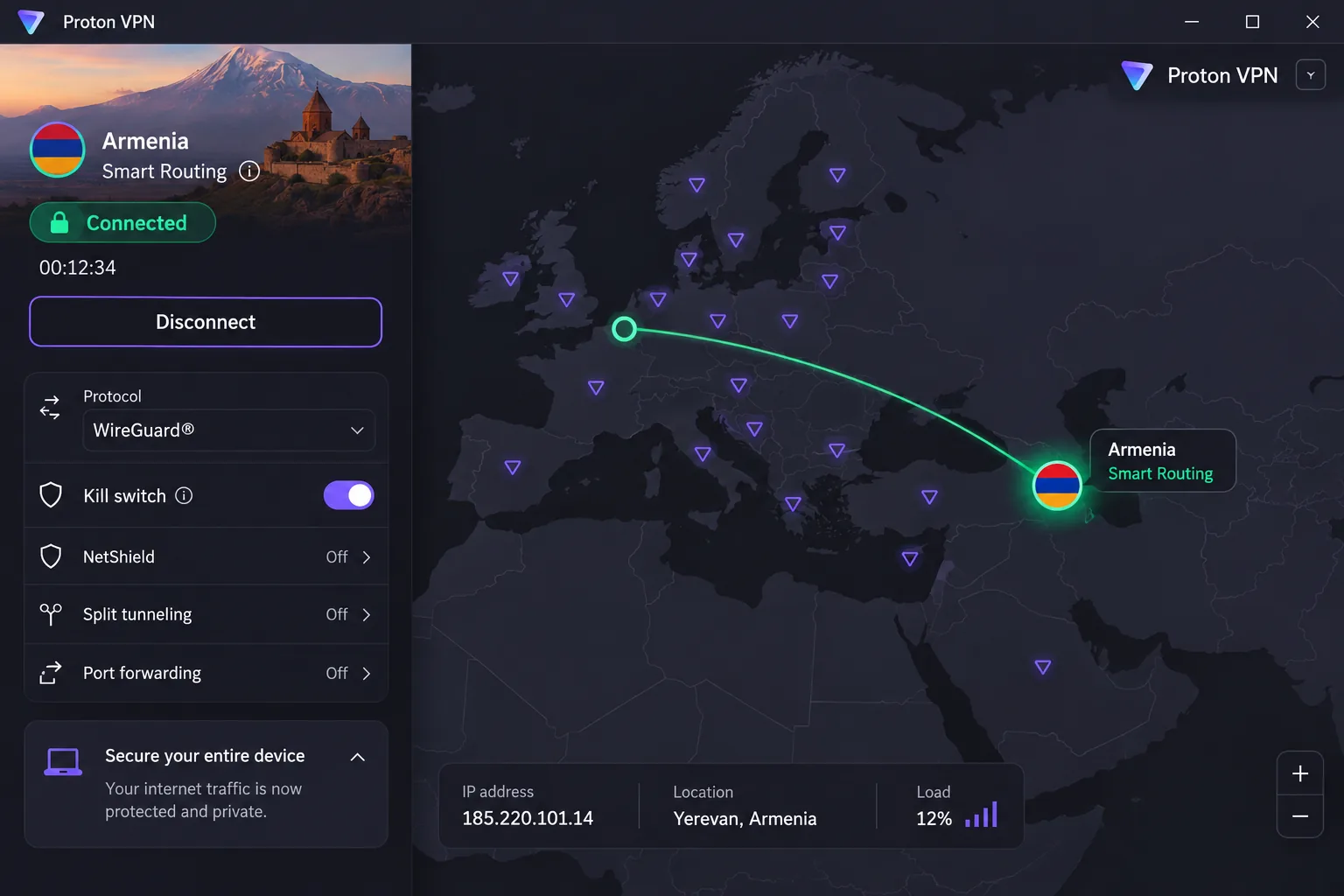 Proton VPN's desktop app connected to the Armenia Smart Routing location, with the connection panel showing the protocol set to WireGuard and the kill switch toggle switched on.
