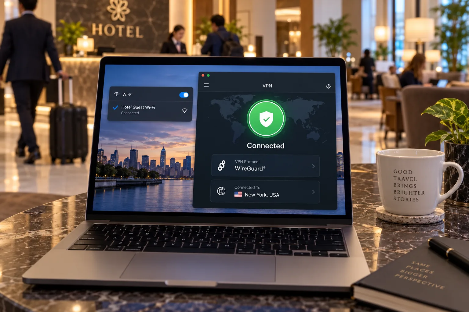 A laptop in a hotel lobby connected to the hotel's open Wi-Fi network, with a VPN app showing a green Connected status and the encryption protocol listed as WireGuard.