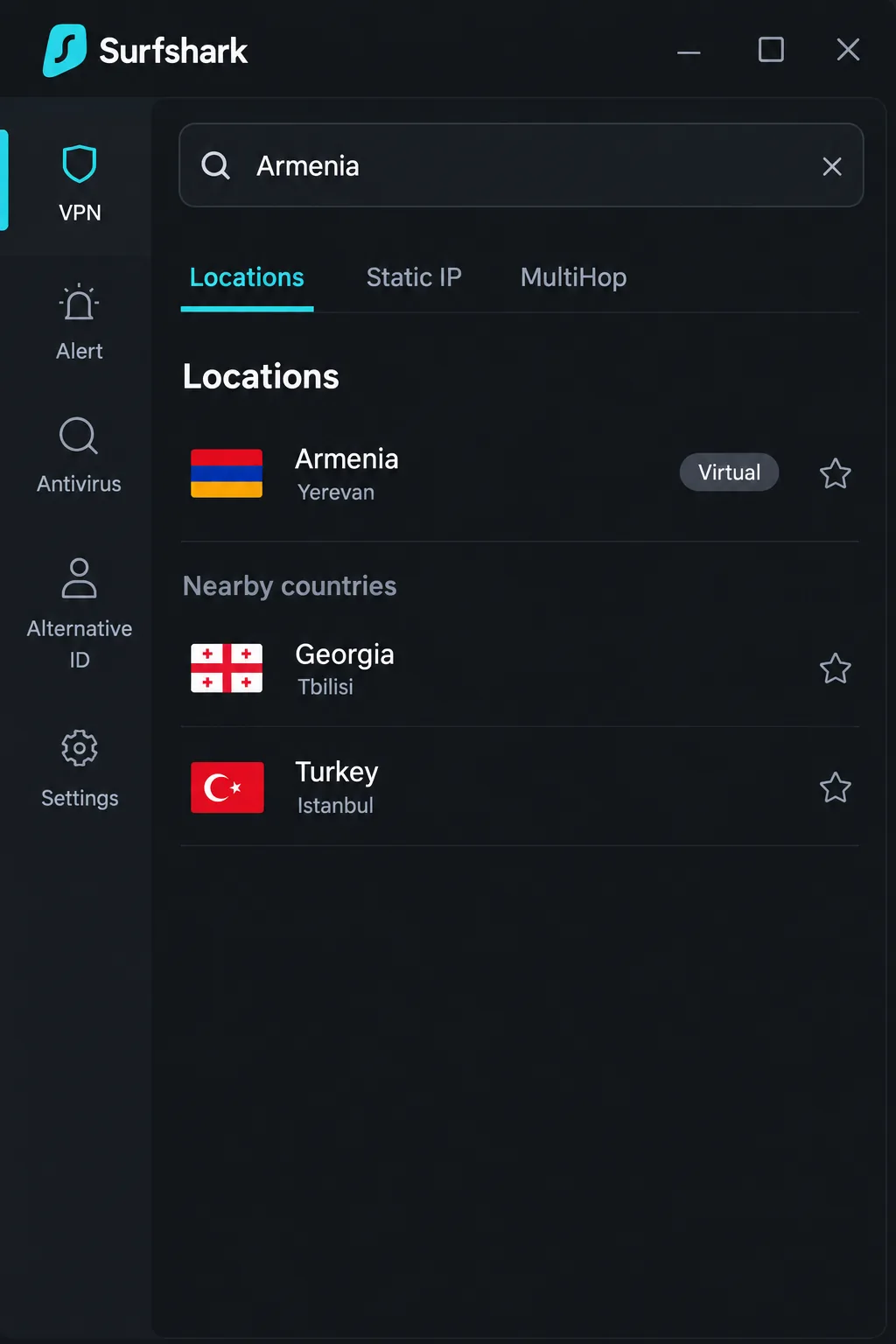Surfshark's app server list filtered to Armenia, showing the single Yerevan location tagged as virtual, with Georgia and Turkey listed just below it.
