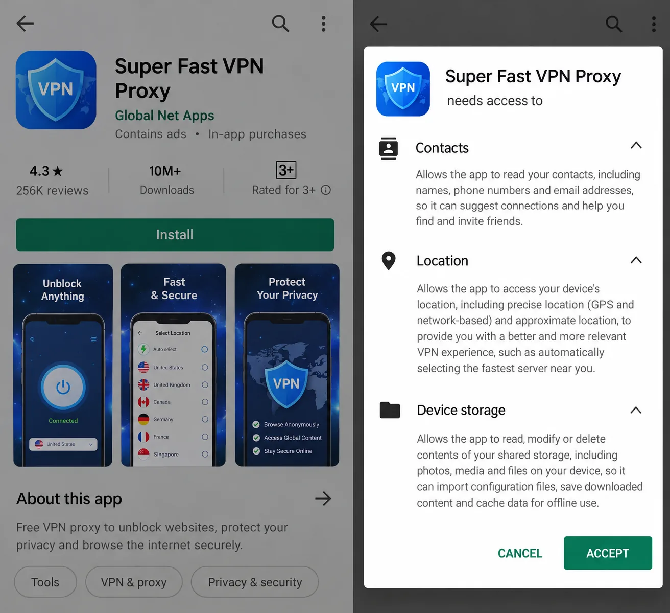 An Android app store listing for an unknown free VPN, with the permissions panel expanded to show access to contacts, location and device storage.