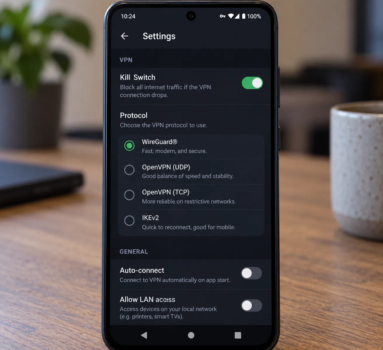 An Android phone showing a VPN app's settings screen with the kill switch toggle turned on and WireGuard selected as the protocol.