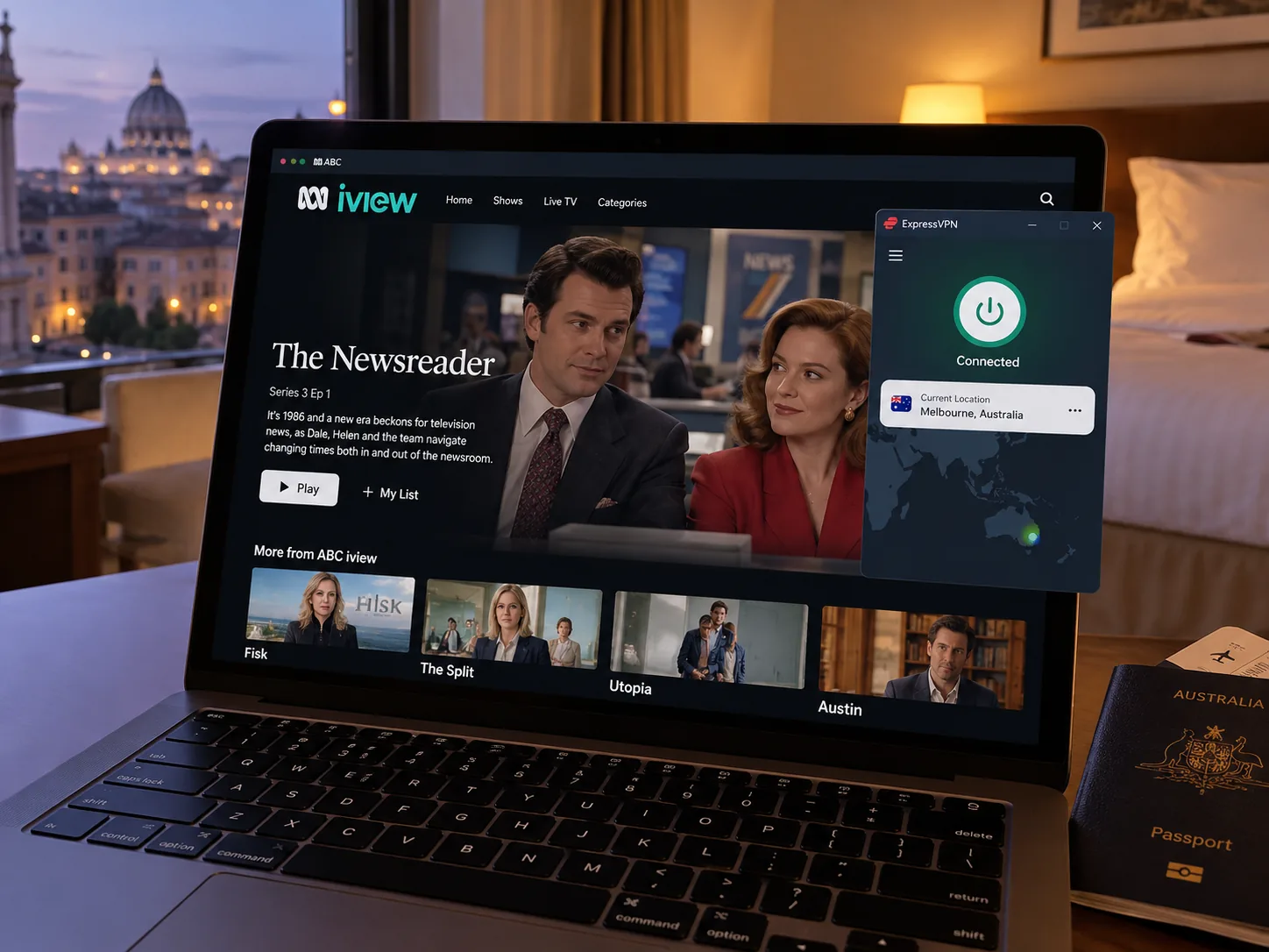 Laptop playing an ABC iview program in a hotel room abroad, with a VPN app in the corner showing a connection to a Melbourne server.
