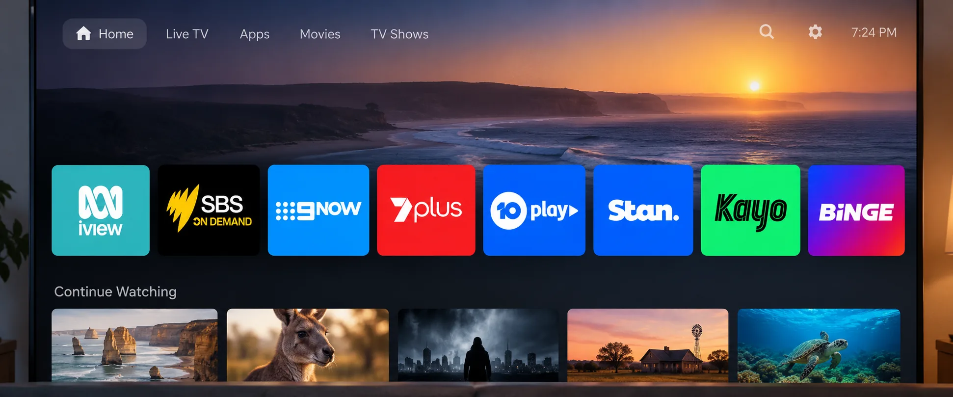 Smart TV home screen showing the ABC iview, SBS On Demand, 9Now, 7plus, 10 play, Stan, Kayo and Binge app tiles in a row.