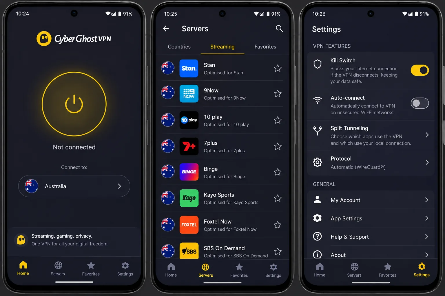 CyberGhost's Android app listing Australian streaming-optimised servers for Stan and 9Now, with the kill switch toggle shown as enabled in the settings tab.