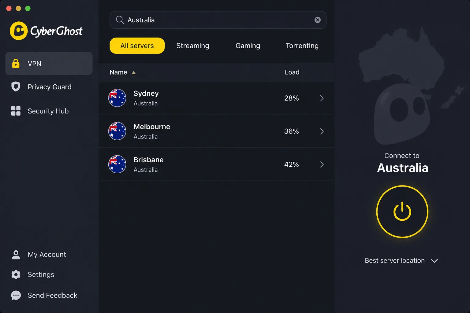 CyberGhost macOS app server list filtered to Australia, showing Sydney, Melbourne and Brisbane with their load percentages.