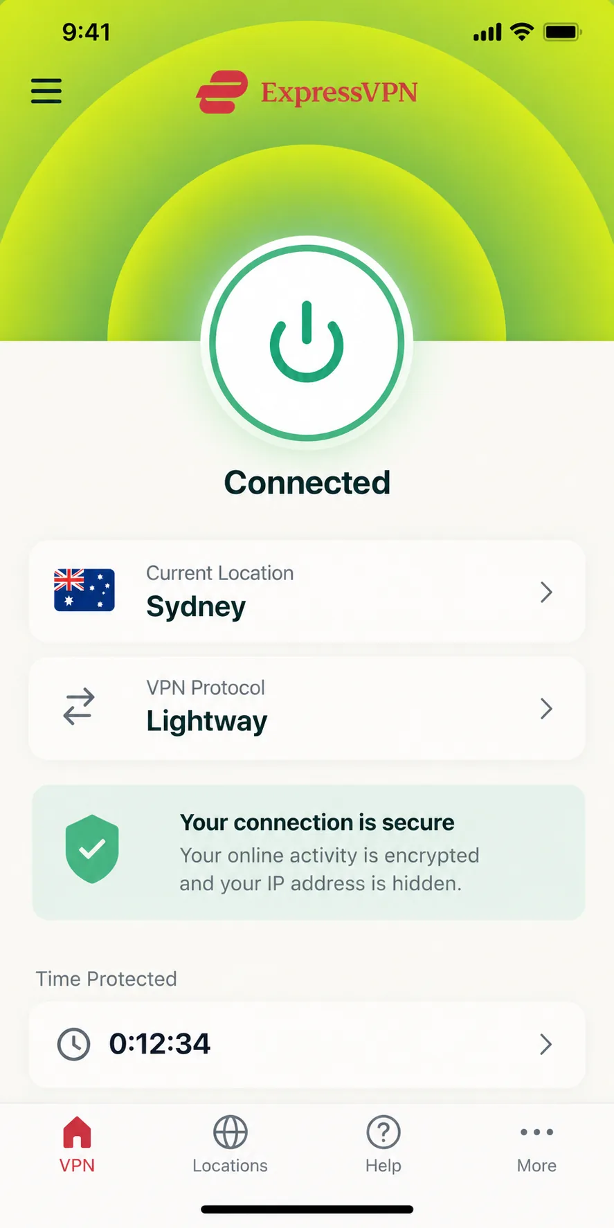 ExpressVPN's iPhone app showing a connected Sydney location with the large power button lit green and Lightway listed as the protocol.
