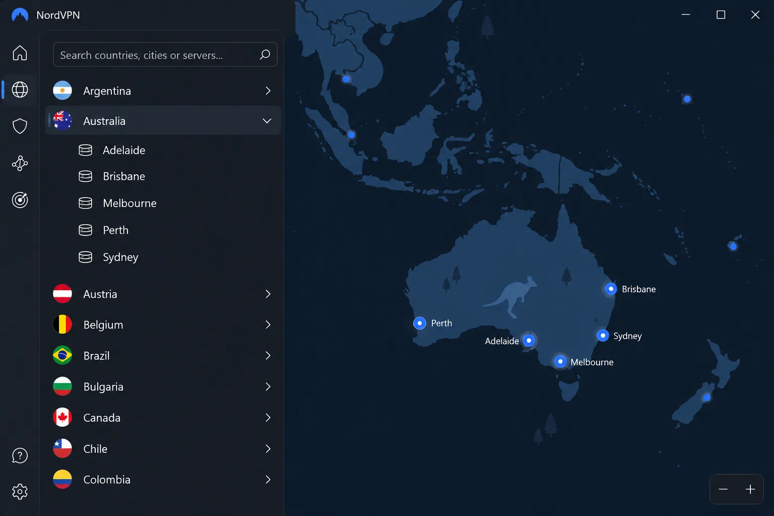 NordVPN's Windows app with the Australia entry expanded, showing Adelaide, Brisbane, Melbourne, Perth and Sydney as selectable server cities.