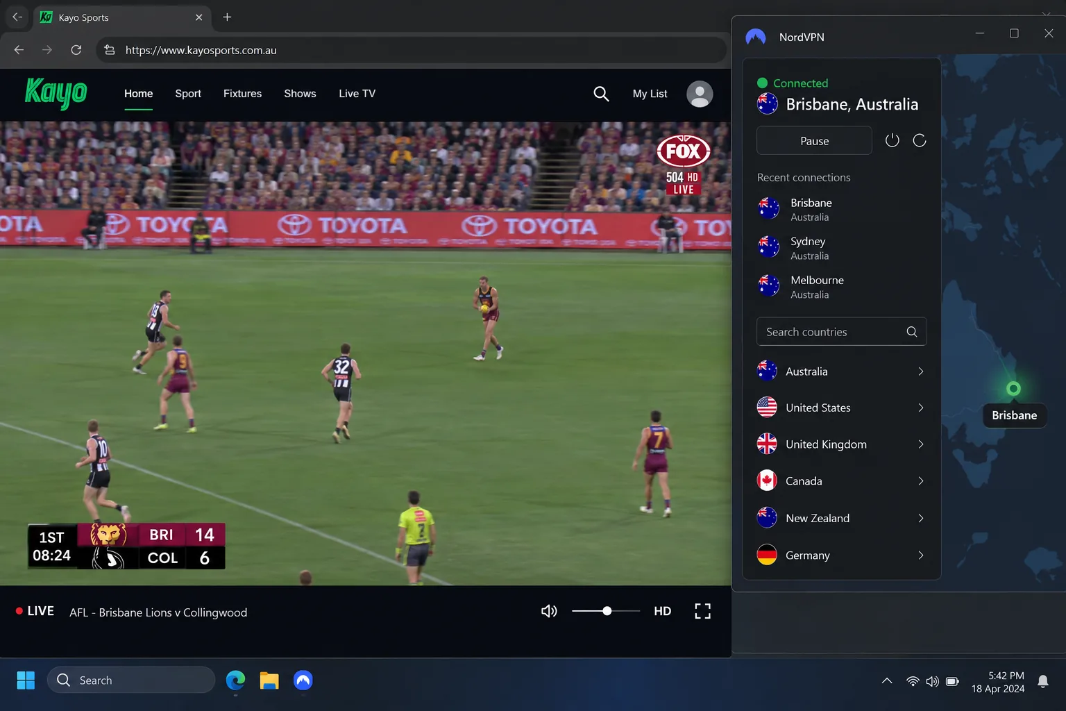 Kayo Sports streaming a live AFL match in a browser while the NordVPN app shows a connection to a Brisbane server.