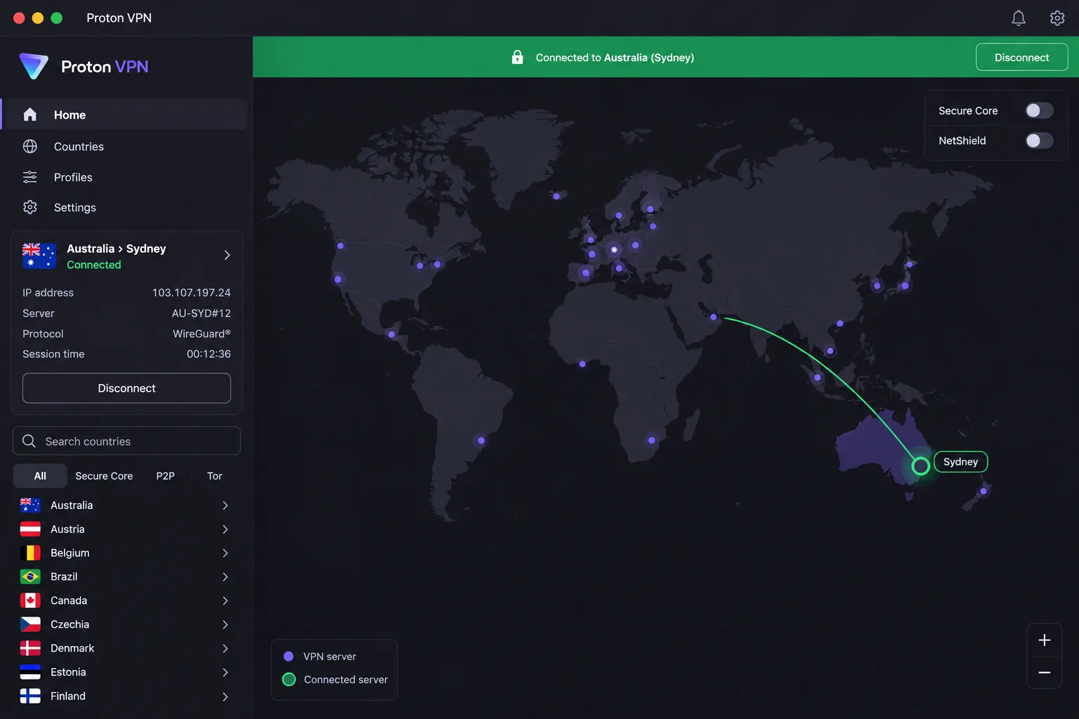 Proton VPN's world-map interface on macOS with a live connection to a Sydney server and the green connected status bar along the top.