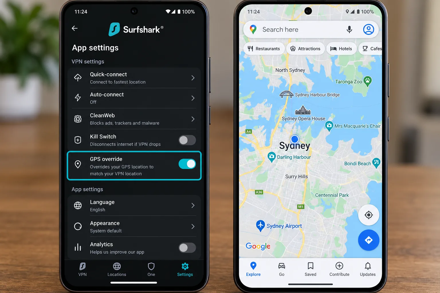 Surfshark Android app settings with the GPS override toggle switched on, next to Google Maps showing the phone placed in Sydney.