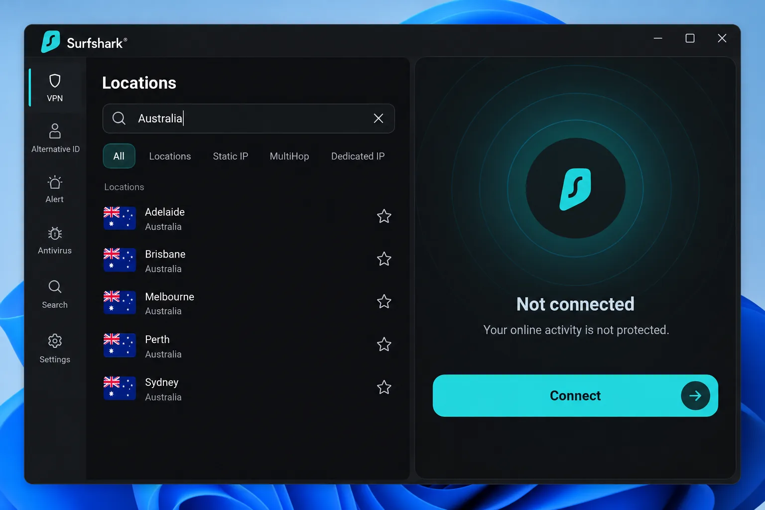 Surfshark's Windows app with the location list filtered to Australia, showing Adelaide, Brisbane, Melbourne, Perth and Sydney beside the connect button.