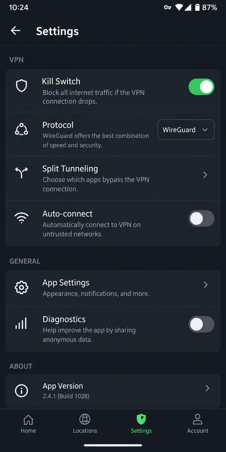 Android VPN app settings screen with the kill switch toggle switched on and the protocol set to WireGuard.