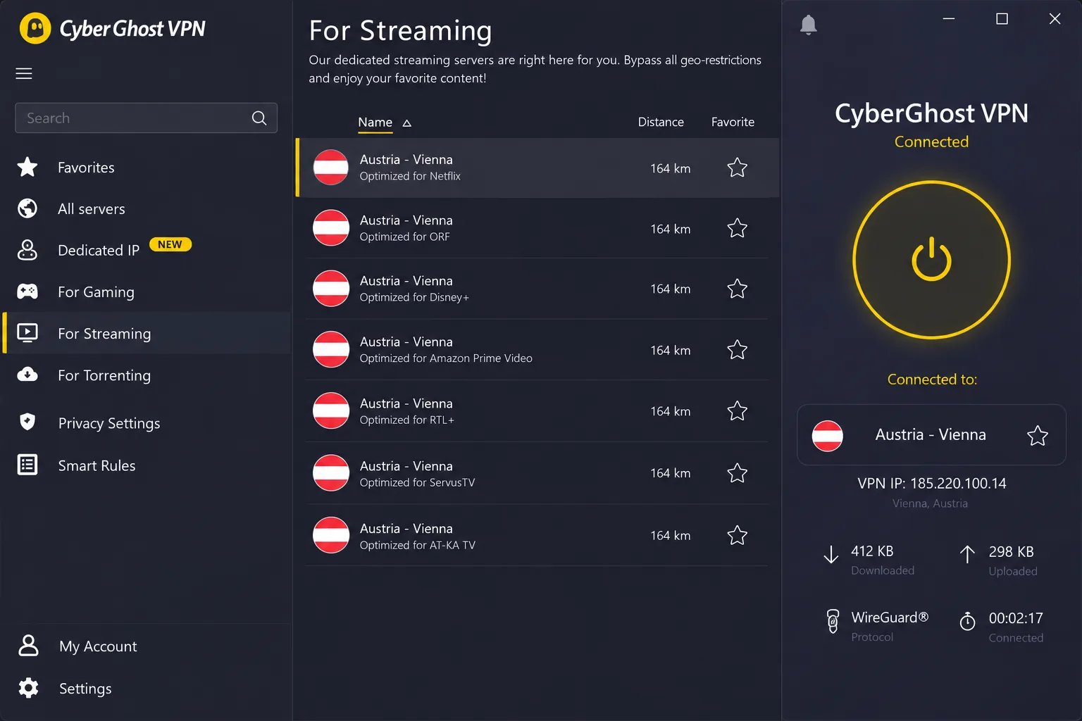 CyberGhost's Windows app showing the Austria Vienna location next to the For Streaming server list, with Netflix and ORF-friendly entries visible.