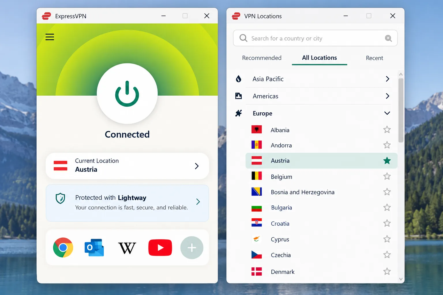 ExpressVPN's location picker with Austria selected under Europe, and the Lightway protocol shown in the app's connection status bar.
