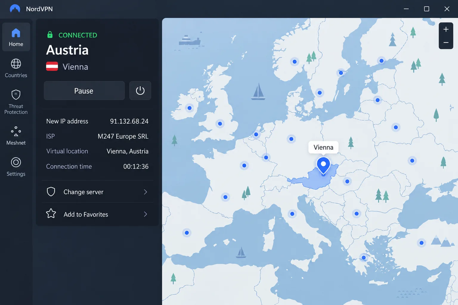 NordVPN's desktop app connected to Austria, with the Vienna map pin highlighted and the connection panel showing an Austrian IP address.