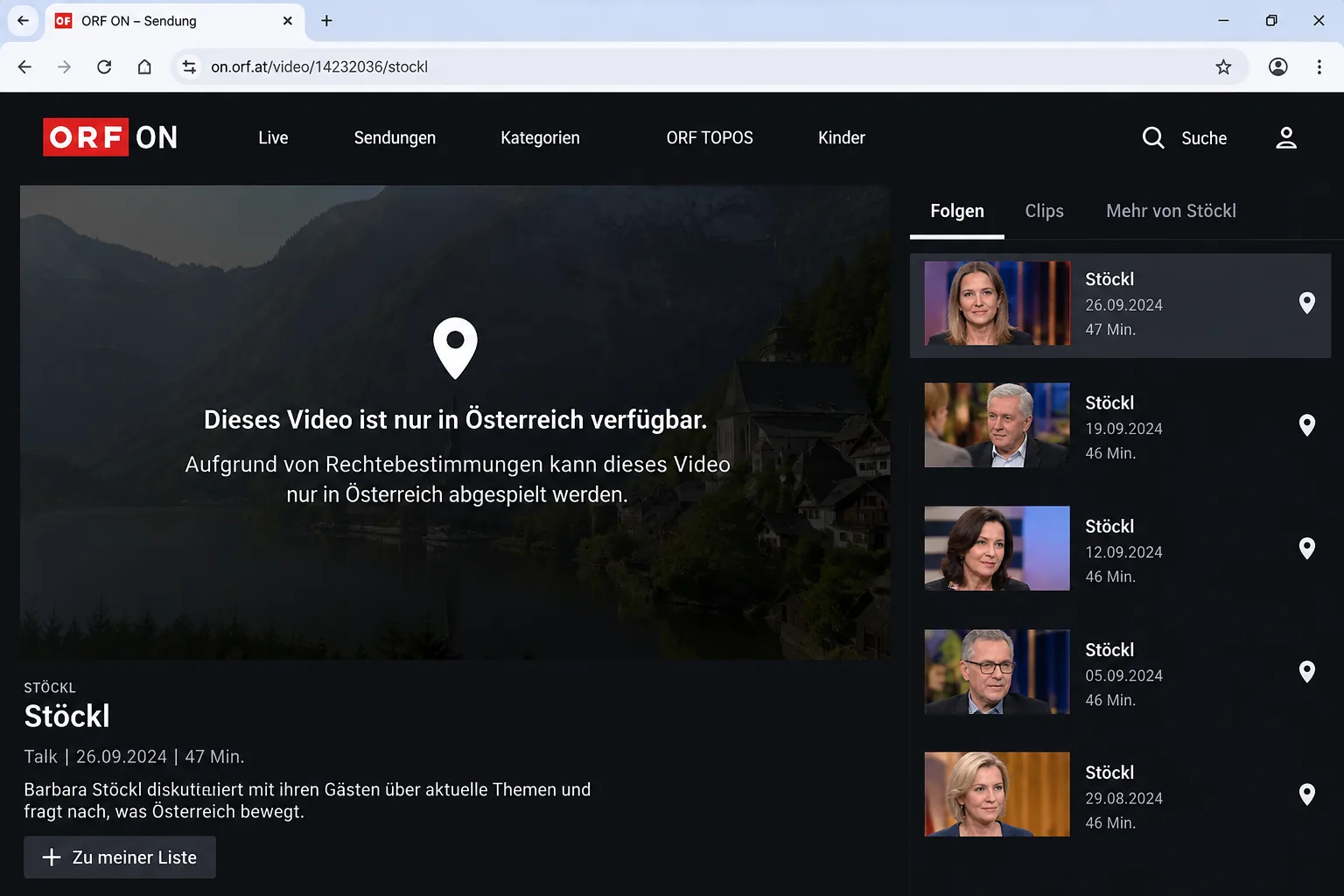 The ORF ON player in a browser outside Austria showing the notice that the video is only available in Austria, with the location icon visible in the programme listing.