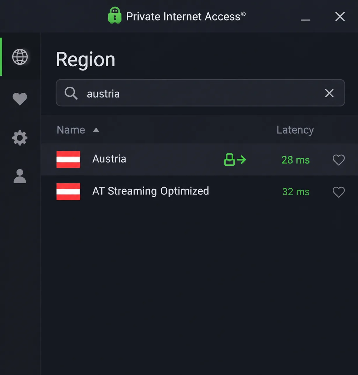Private Internet Access region list filtered to Austria, showing the standard Austria region with a port forwarding icon above the AT Streaming Optimized region.