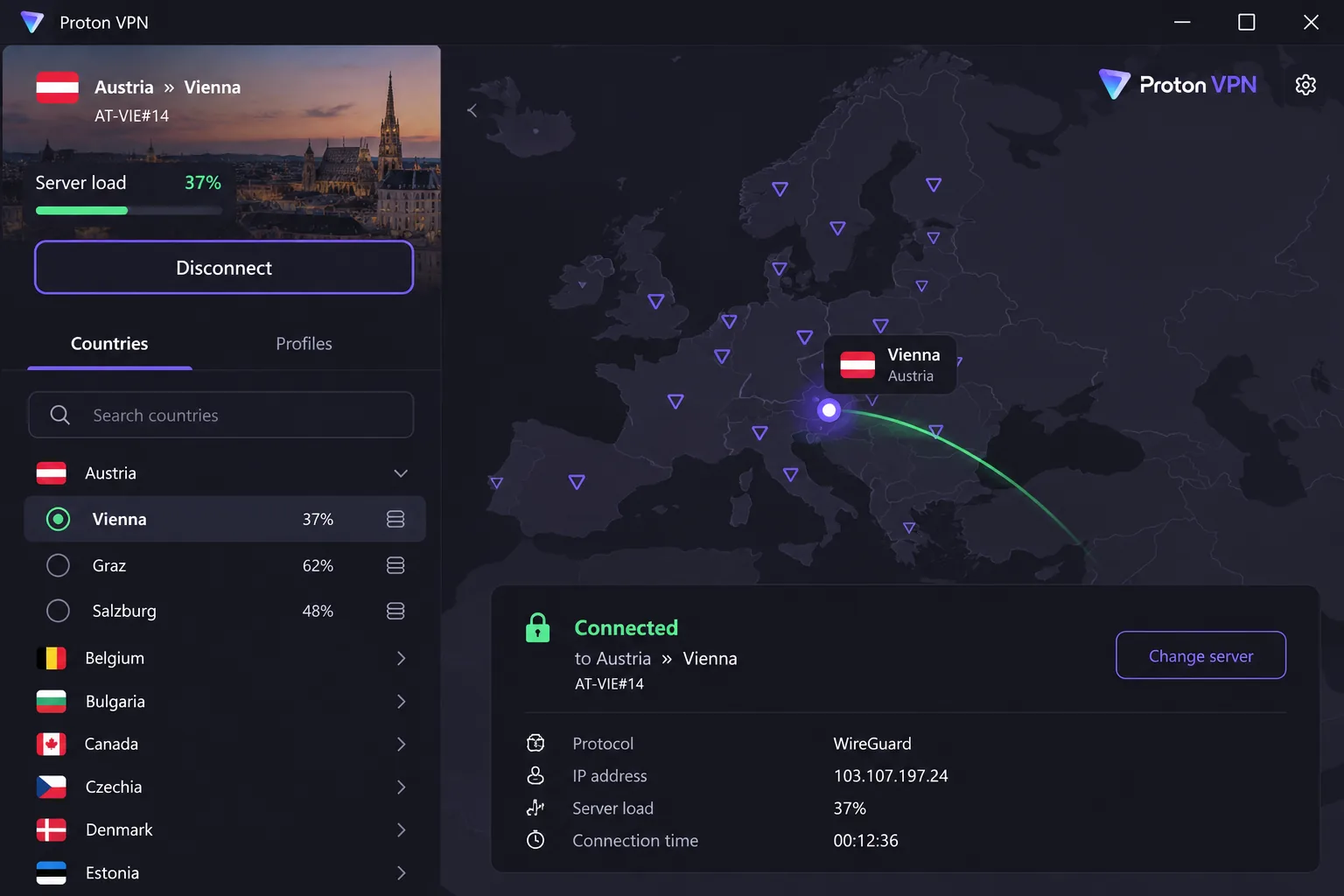 Proton VPN's Windows app connected to an Austrian server in Vienna, showing the server load percentage and the WireGuard protocol in the connection details.
