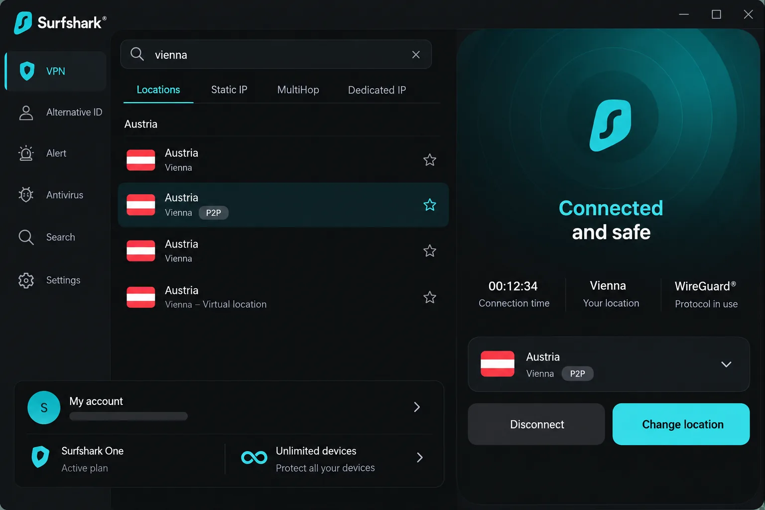 Surfshark's app with the Austria Vienna location selected, showing the P2P tag next to the server name and the unlimited devices note in the account panel.
