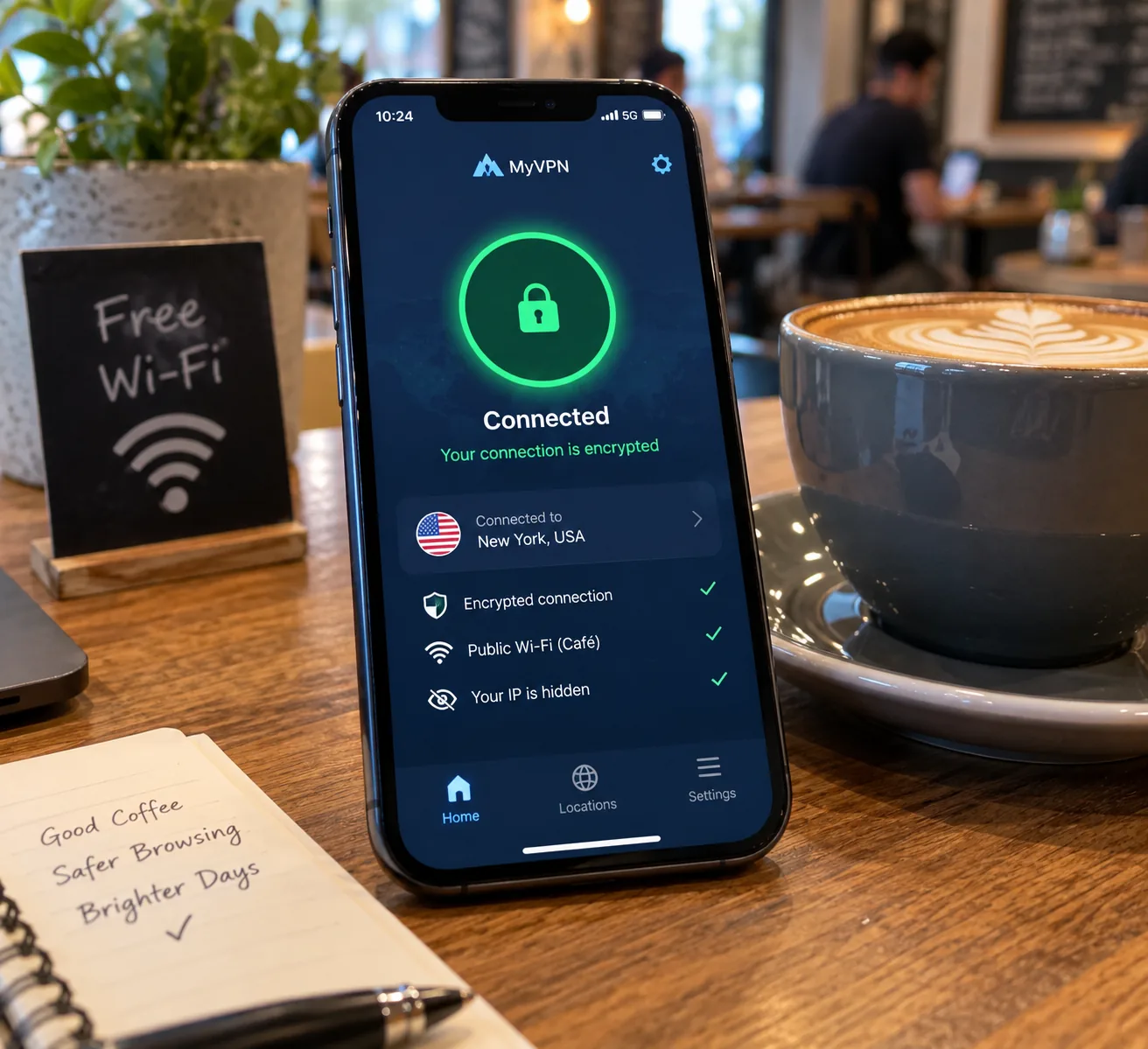 A smartphone on a café table showing a VPN app connected over public Wi-Fi, with the encrypted connection status and a coffee cup beside it.
