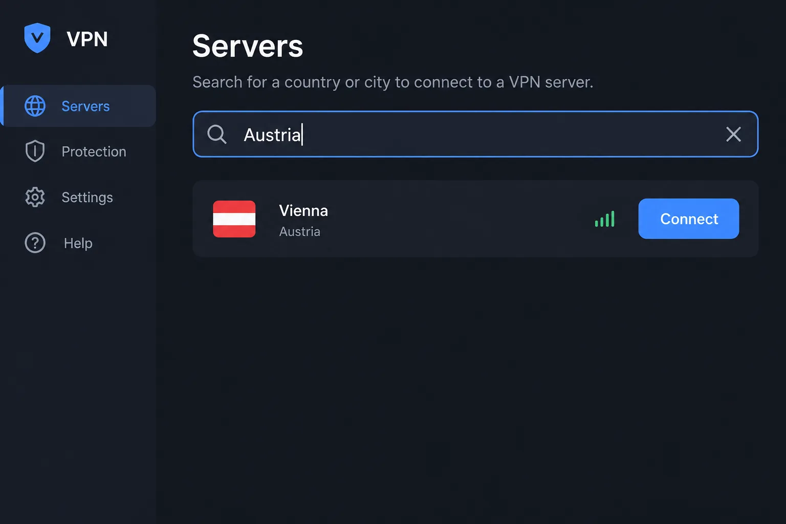 A VPN app's server search box with "Austria" typed in, showing Vienna as the result and a Connect button beside it.