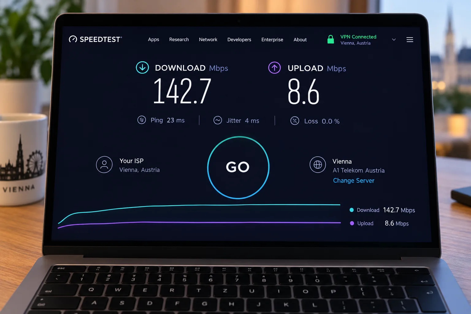 A speed test results screen on a laptop connected to a Vienna VPN server, showing download speed above 140 Mbit/s and a much lower upload figure beneath it.