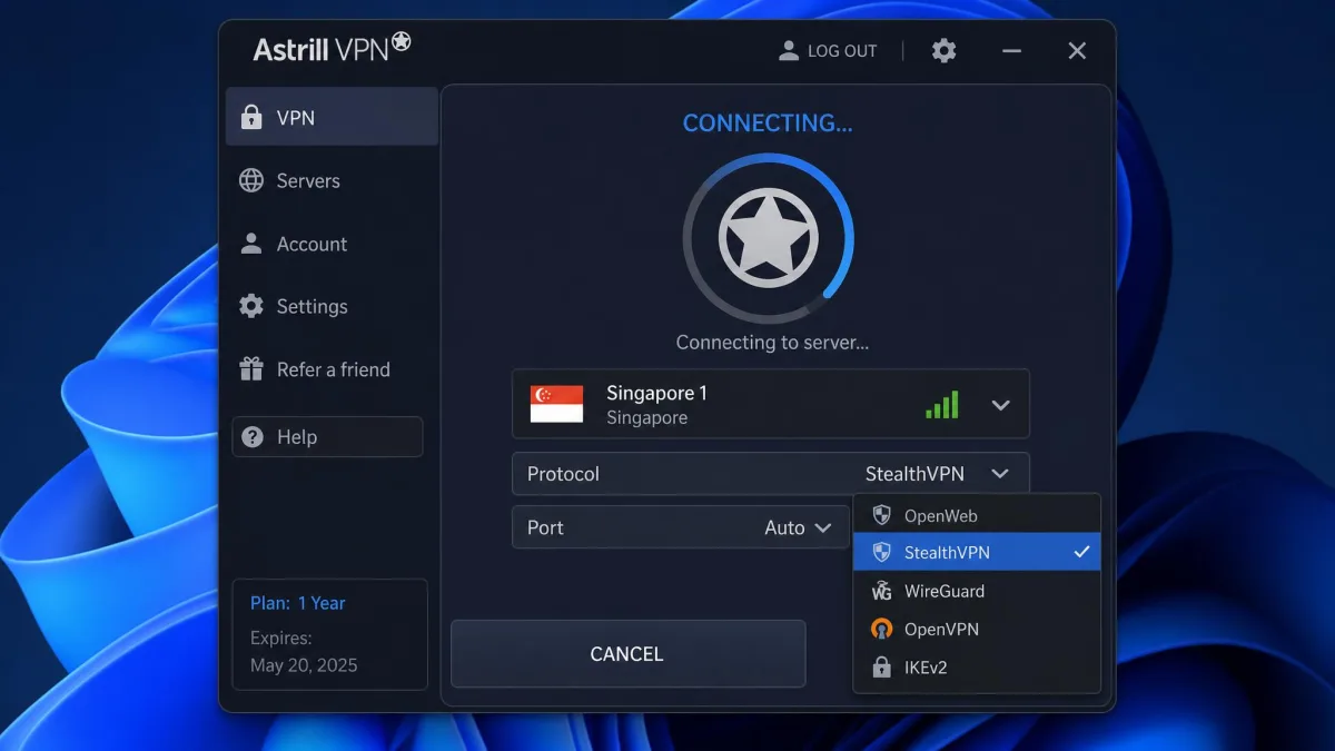 Astrill VPN desktop app with the StealthVPN protocol selected from the protocol menu, shown connecting to a nearby Asian server.